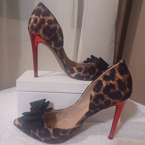 BETSEY JOHNSON LEOPARD PRINT STILLETOS WITH 4 INCH RED PEARL HEELS